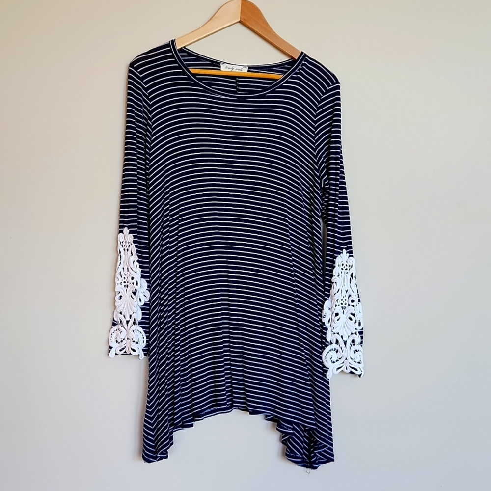 Lovely Souls Tunic Top, Lace Sleeves, Navy & White Horizontal Stripes, Size M